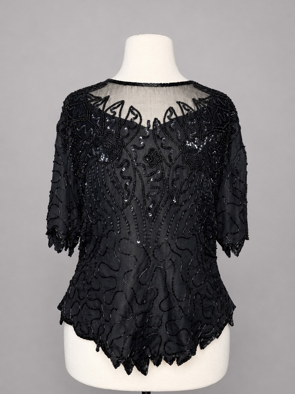 Vintage Laurence Kazar XL Black Beaded Sequin Silk Evening Top Blouse
